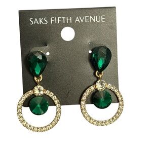 Saks Fifth Avenue Gold Emerald Green Crystal Drop Earrings